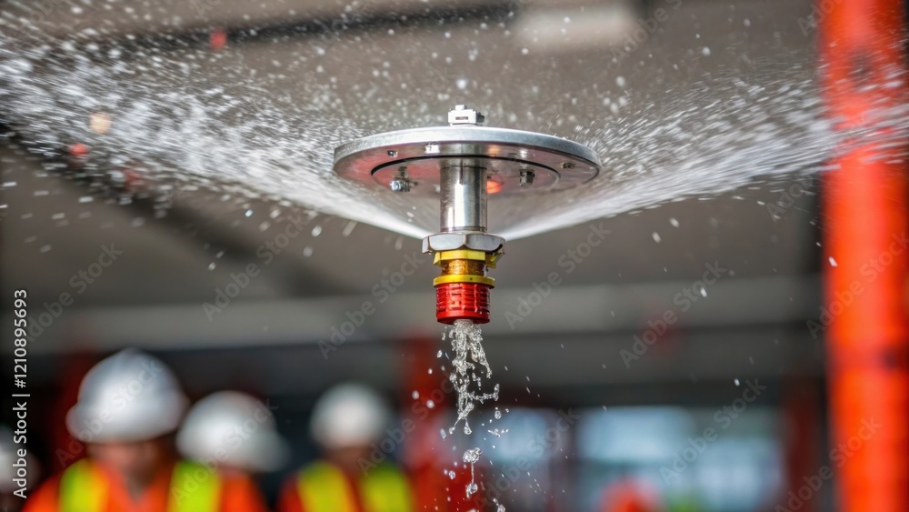 Poster a closeup image of a fire sprinkler head being tested with water spraying out droplets captured in m
