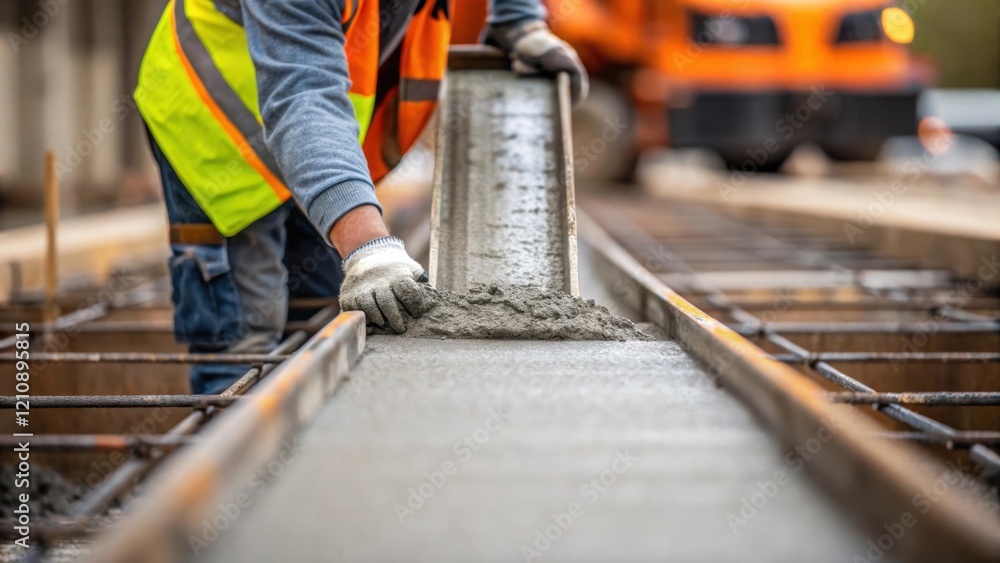 Aufkleber A closeup image of fresh concrete being poured into a formwork with a worker in safety gear guiding the flow showcasing the foundational aspect of highspeed rail line development.