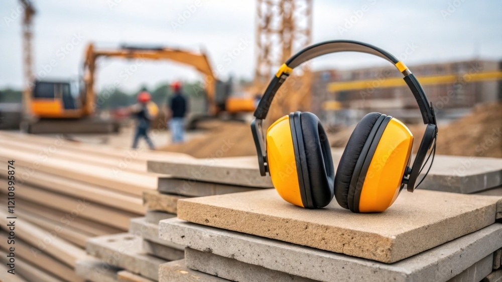 Poster A closeup image of ear protection gear resting on a stack of building materials with a construction site and machinery noise in the background underscoring the need for safety