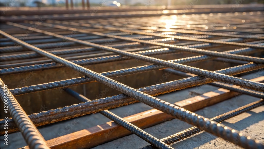 Poster A closeup image showcasing the intricate grid of rebar laid out inside a concrete mold with reflections of sunlight glinting off the steel emphasizing the strength and durability