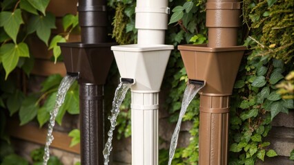 A closeup image showcasing various types of downspout diverters capturing the water flow as it channels into a collection system with a backdrop of green foliage.