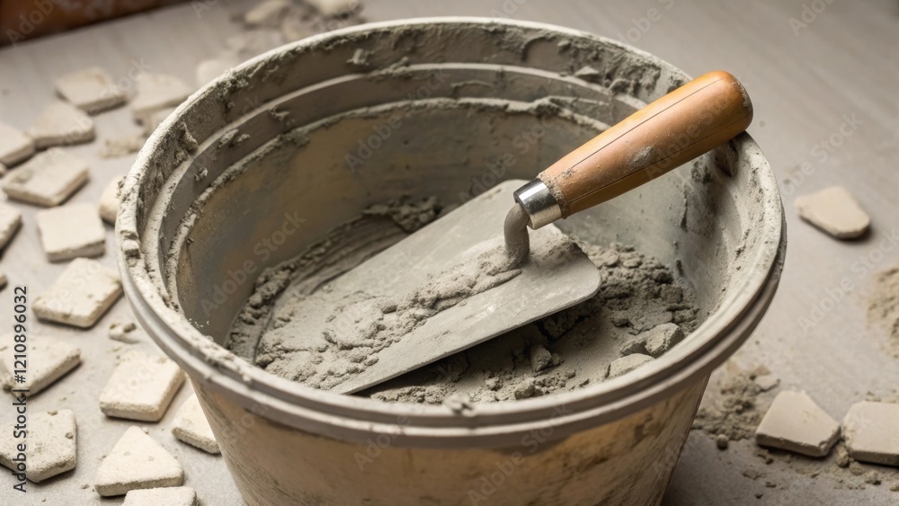 Aufkleber A closeup of a bucket filled with wet plaster with a trowel resting against the rim small clumps of plaster tered around the base.