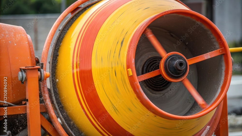 Poster a closeup of a cement mixer in action with vibrant orange and yellow colors blending together as the