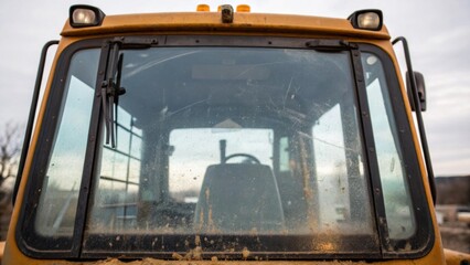 A closeup of a bulldozers cab window reflecting the surroundings while revealing streaks of grime and wear symbolizing the harsh conditions it operates in.