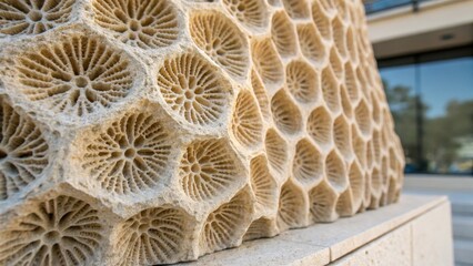 A closeup of a building element mimicking the structure of coral reefs featuring porous forms that encourage water drainage and enhance biodiversity while emphasizing