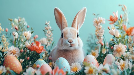 Cute easter bunny amid colorful eggs and spring blooms for festive decorations