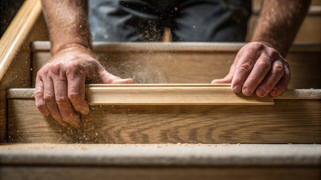 A closeup of a carpenters hands sanding the edge of a stair tread the smooth wood surface contrasting against the rough surrounding materials emphasizing craftsmanship.