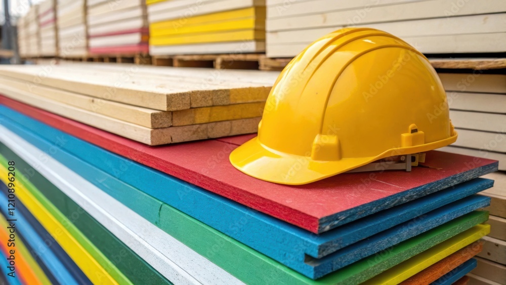 Aufkleber a closeup of a construction helmet resting on a stack of colorful building materials including wood 
