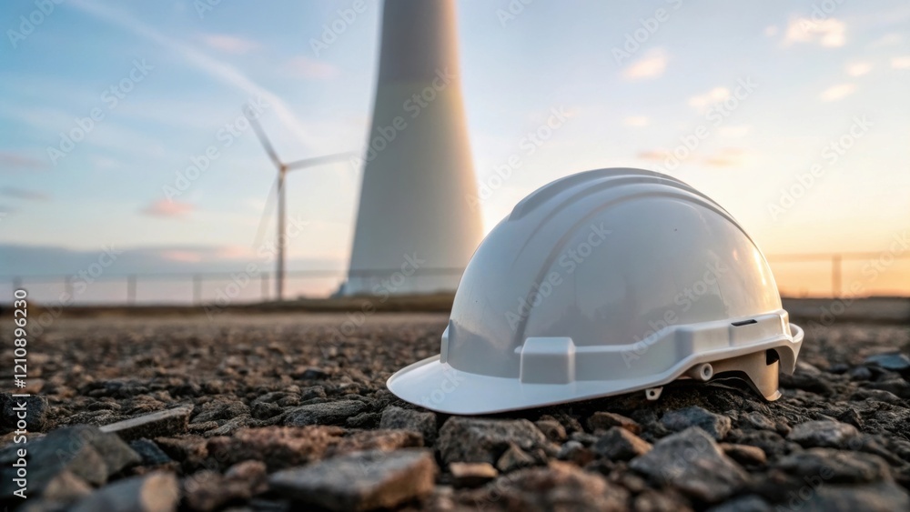 Poster A closeup of a construction helmet resting on the gravel with a partially constructed wind turbine blade loomed in the background emphasizing the scale of the project and the