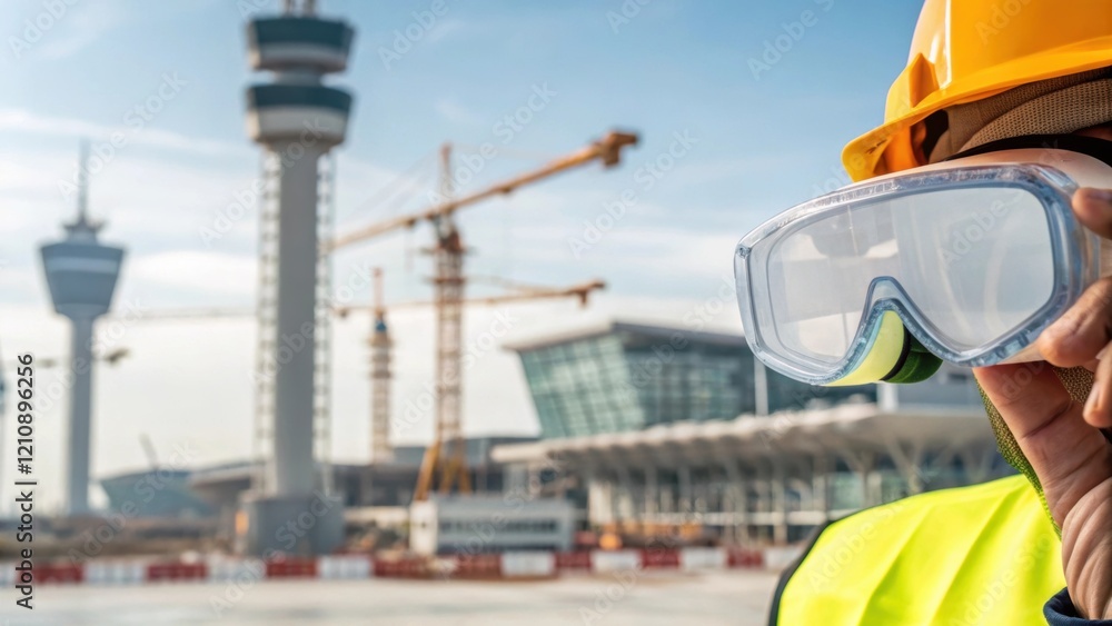 Aufkleber a closeup of a construction workers hand adjusting safety goggles with the partially constructed air