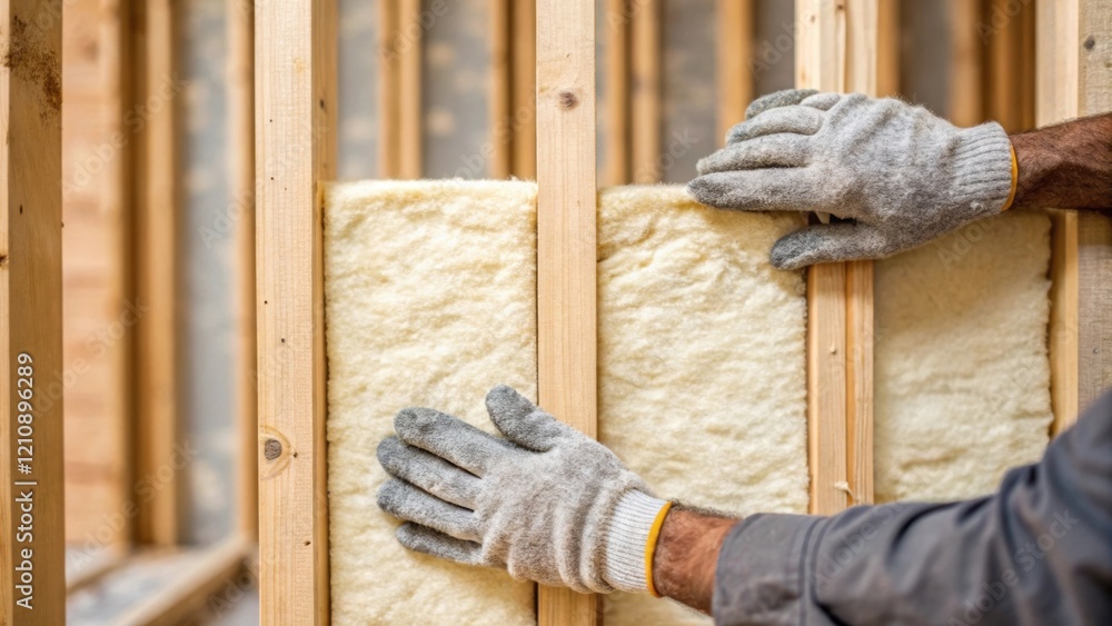 Poster A closeup of a construction workers hands applying insulation material between studs highlighting the importance of energy efficiency and comfort in public housing design.
