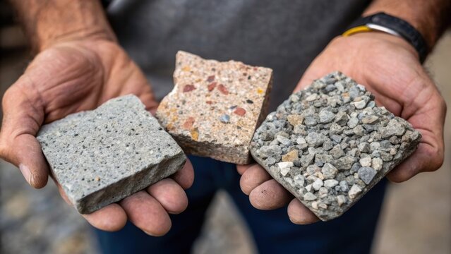 A closeup of a construction workers hands handling pieces of crushed recycled concrete with the co textures and varying colors illustrating the materials versatility in building
