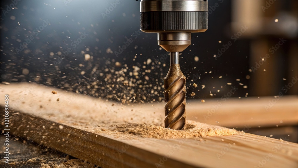 Poster a closeup of a drill bit engaging a wooden joint with sawdust swirling in the light showcasing the d