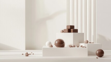 Minimalist chocolate display with geometric shapes in soft lighting