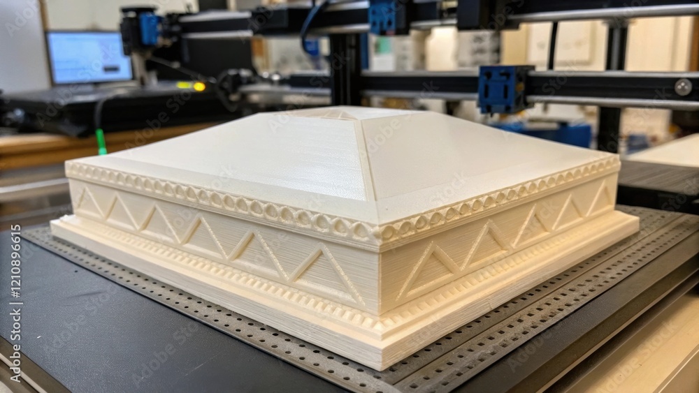 Aufkleber A closeup of a freshly printed architectural prototype resting on a build platform highlighting the smooth finish and precise geometric shapes along the edges giving a sense of