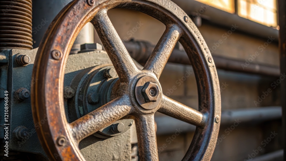 Poster a closeup of a large valve wheel being turned with a focus on the textured metal and rusted edges hi