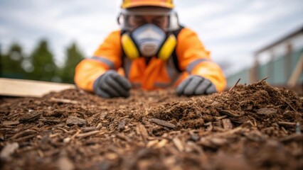 A closeup of a layer of mulch being spread over exposed soil with a worker demonstrating proactive dust control measures while protectively dressed in safety gear preventing dust
