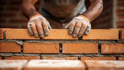 A closeup of a laborers hands applying mortar to bricks capturing the craftsmanship and manual labor involved in creating walls for public housing units.