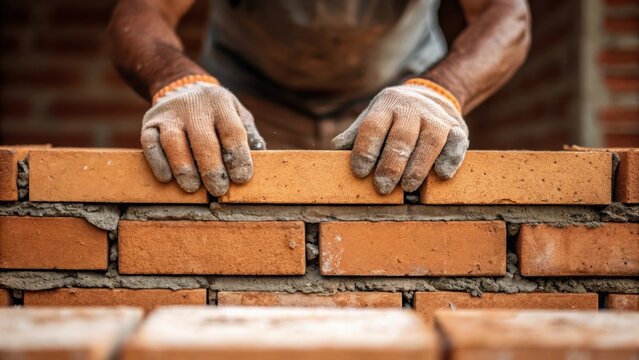 A closeup of a laborers hands applying mortar to bricks capturing the craftsmanship and manual labor involved in creating walls for public housing units.