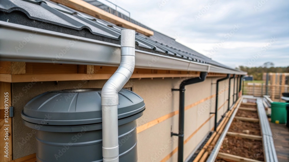 Poster A closeup of a newly installed rainwater collection system on a construction site demonstrating a commitment to sustainability that minimizes waste through efficient resource usage