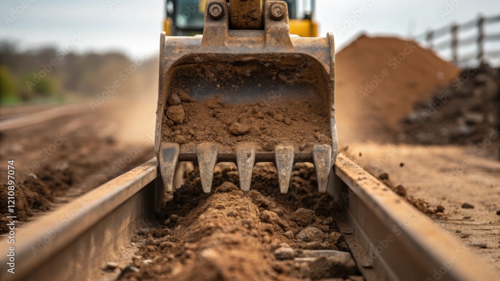 Poster a closeup of an excavators claw gripping a large chunk of earth dirt falling away as the machine pre