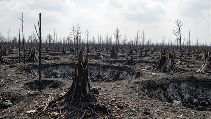 Post battlefield with charred stumps and craters thick with acrid smoke