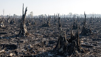 Post battlefield with charred stumps and craters thick with acrid smoke