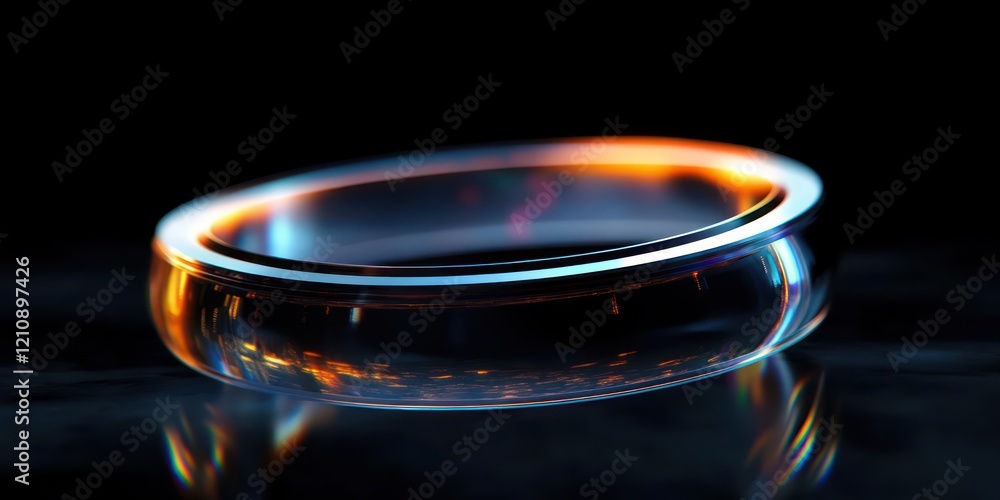 Poster futuristic metallic ring hologram minimalist design in dark space with gradient reflections and ethe