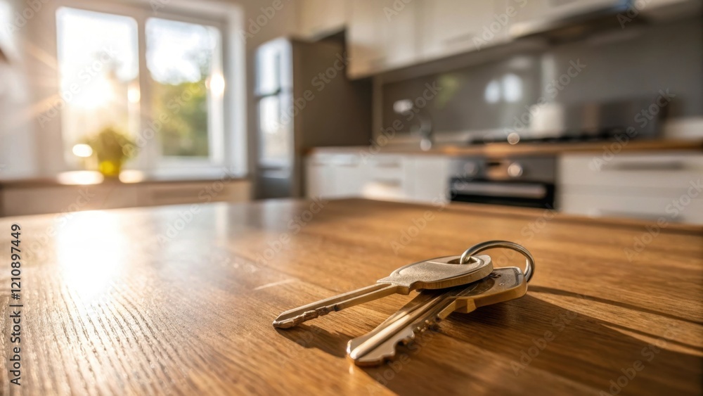 Poster a closeup of a set of gleaming keys resting on a wooden kitchen counter with bright sunlight illumin