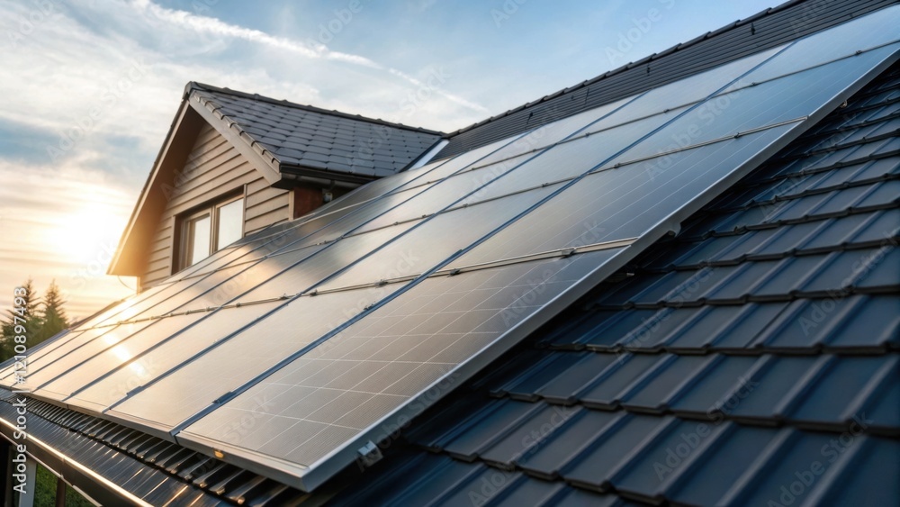 Poster a closeup of a solar panel installation on a sloping roof capturing reflective surfaces glistening i