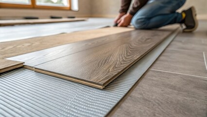A closeup of a section of the flooring being installed with detailed textures of the material featured prominently conveying durability and modern design.