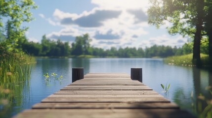 Fototapeta premium Scenic lake pier with tranquil water and fluffy clouds in sunny landscape