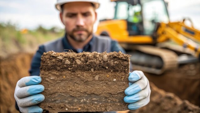 A closeup of a soil sample being collected by an environmental spet in gloves revealing layers of earth and small debris. Nearby a construction digger stands idle emphasizing the