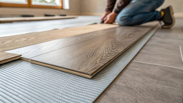 A closeup of a section of the flooring being installed with detailed textures of the material featured prominently conveying durability and modern design.