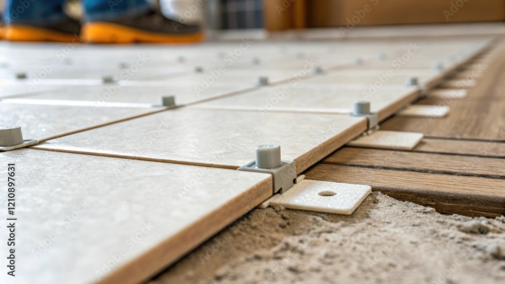 Poster A closeup of a tile spacer being inserted between two freshly laid tiles ensuring uniform gaps for grout capturing the careful craftsmanship required for a tiled floor.