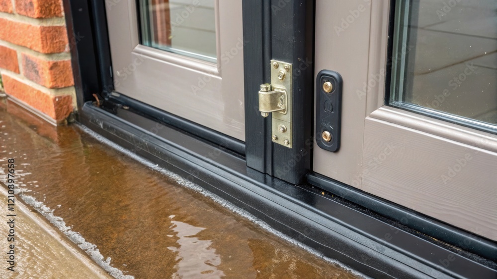 Poster a closeup of a tightly sealed door with a rubber flood seal and locking mechanism demonstrating the 