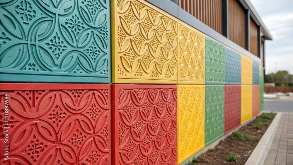 Aufkleber A closeup of a vibrant prepainted exterior panel displaying intricate design patterns emphasizing the aesthetic flexibility offered by modular building techniques.