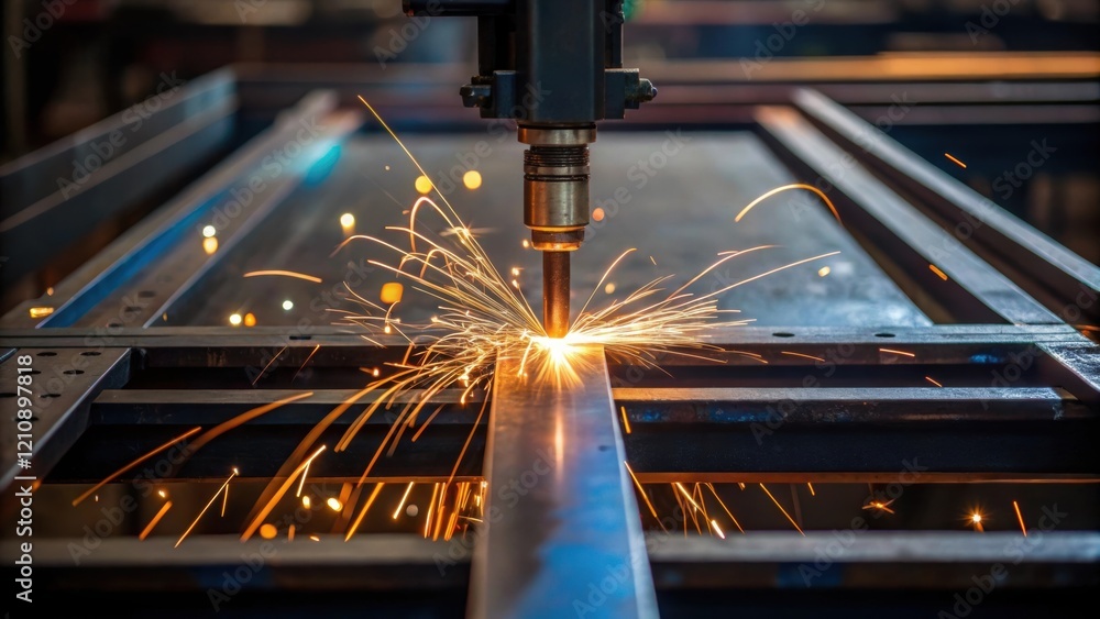 Aufkleber A closeup of a welding machine fusing steel elements together capturing sparks in motion and the intensity of craftsmanship that ensures durability in prefabricated structures.