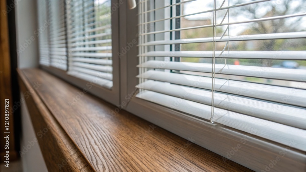 Poster A closeup of a window sill adorned with a finished installation showing neatly aligned blinds with the texture of the blinds contrasting against the smooth wood of the sill.