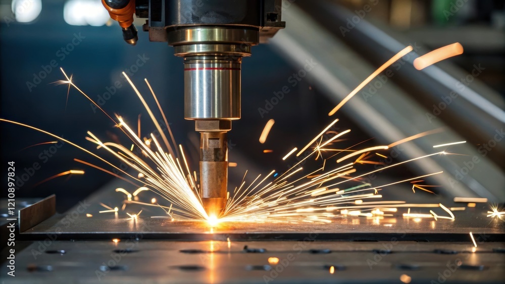 Aufkleber a closeup of a welding robots nozzle emitting a bright arc of light illuminating the metallic joint 
