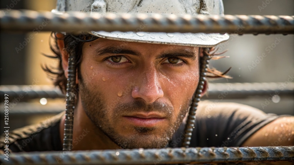 Poster a closeup of a workers face drenched in sweat as he concentrates on attaching a piece of rebar with 