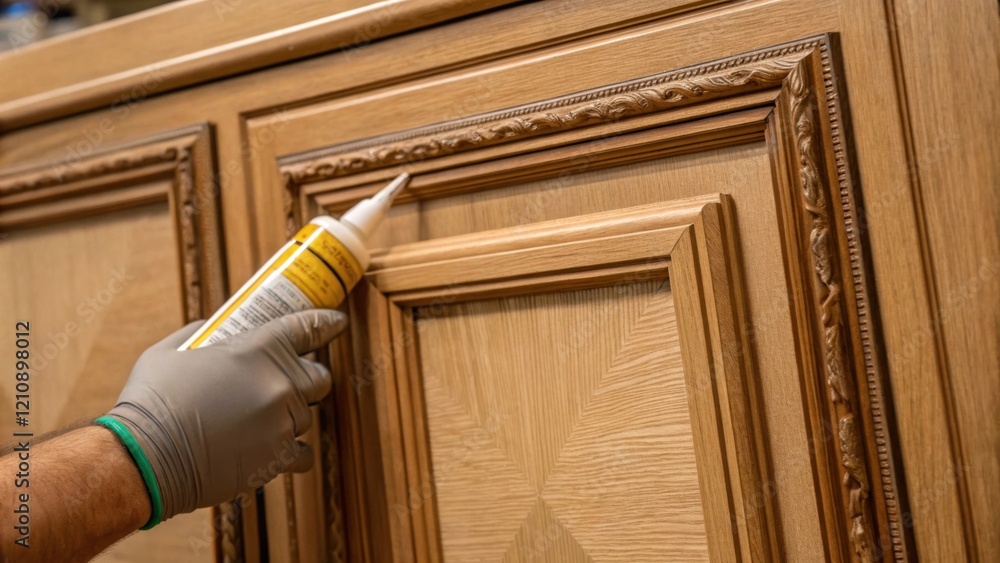 Poster a closeup of a worker applying adhesive to the back of a cabinet panel with a glistening layer of gl