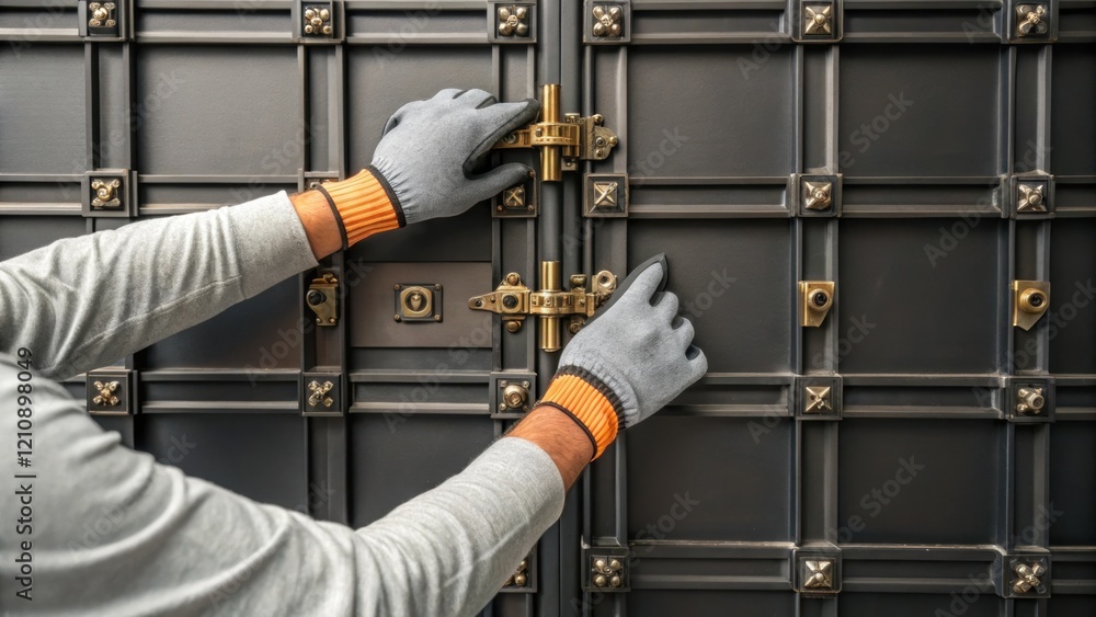 Poster A closeup of a workers hands gloved and steady as they adjust a heavy facade panel into place showcasing the intricate locking mechanisms that secure the panels together.