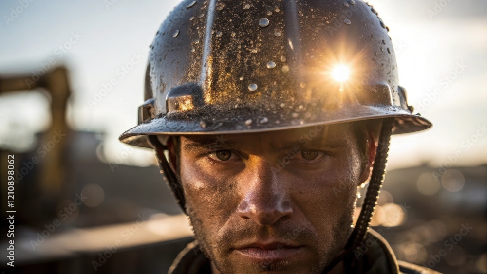 Poster a closeup of a workers helmet reflecting the sunlight while sweat beads on their forehead capturing 