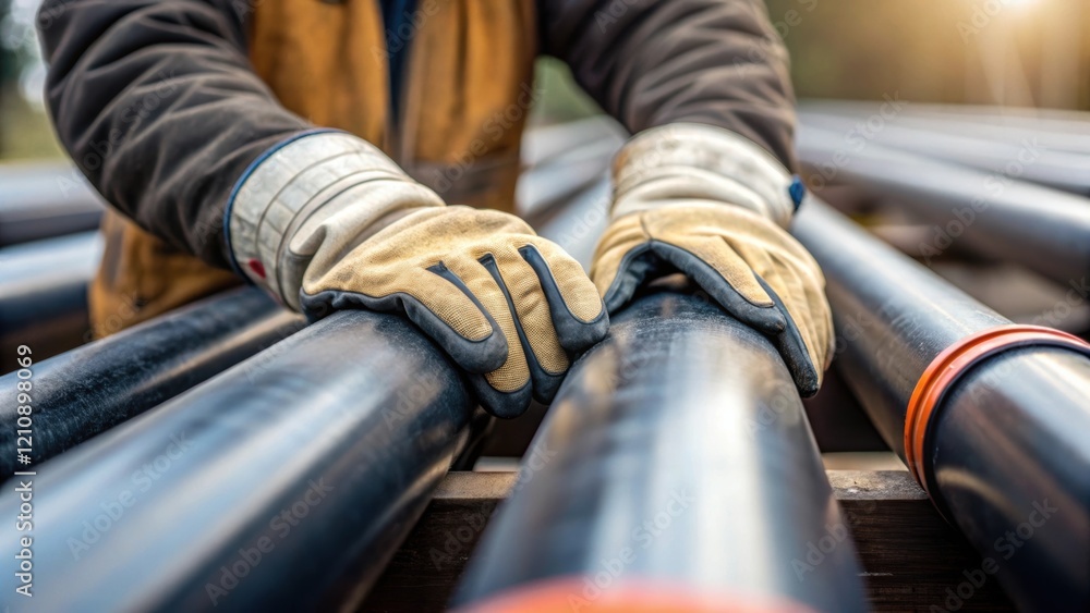 Poster a closeup of a workers protective gloves as they handle the heavyduty geothermal pipes emphasizing t