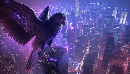 Tilted angle view of a majestic griffin perched on a skyscraper, neon lights illuminating its feathers, the city sprawls beneath in a dreamlike photorealistic style