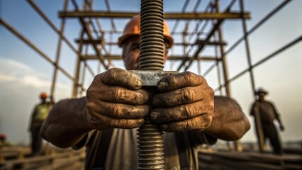A closeup of a workers dirty hands gripping a large bolt with the background revealing a scaffolded bridge structure being elevated by workers highlighting the laborintensive