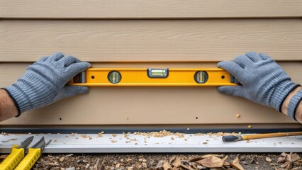 A closeup of a workers gloved hands using a level tool to ensure the siding is perfectly straight with small flecks of sawdust and tools tered at their feet emphasizing attention