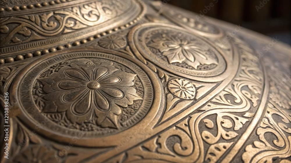 Poster a closeup of delicate engravings on a piece of ancient metal the surface catching light to emphasize