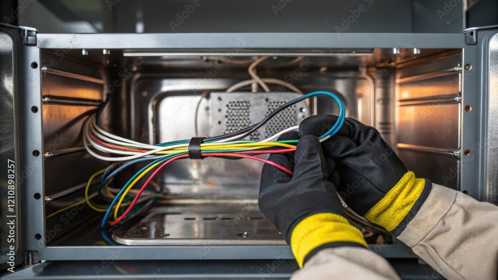 Poster a closeup of electrical wires being carefully connected inside the back panel of a builtin microwave